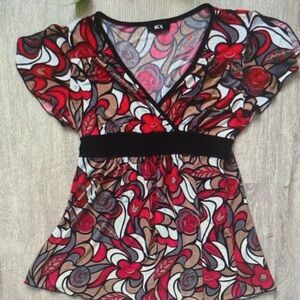 Vintage Multicolor Floral-Print V-Neck Tunic with Black Waistband